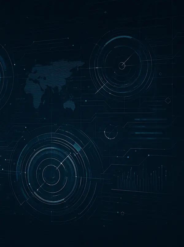 Intelligence dashboard showing a world map and radar displays